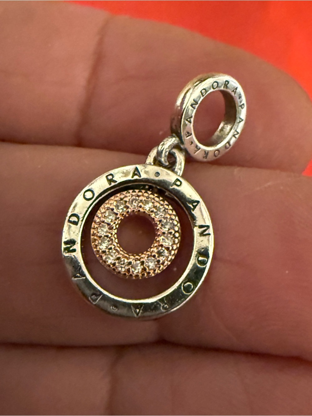 Pandora Two-Tone Pave Circle Dangle Charm in Silver and Rose